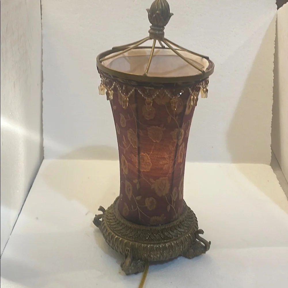 Vintage 70’s Art Deco table lamp lantern nightlight Floral beaded brass fabric